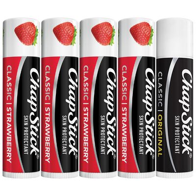 ChapStick Strawberry Lip Balm 4-Pack + 1 Classic Original ChapStick, Lip Moisturizer, 0.15 Oz Ea (5 Piece Set)
