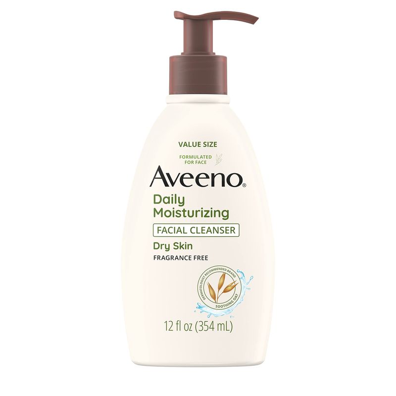 Aveeno Daily Moisturizing Facial Cleanser for Dry Skin, Gentle Face Cleanser with Soothing Oat for Skin that Feels Soft &amp; Supple, Removes Dirt, Oil and Impurities, Fragrance Free, 12 FL OZ