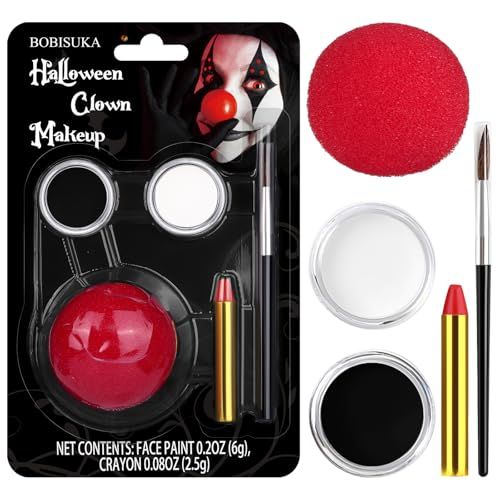 Hallowen Joker Clown Makeup Kit, Black White Clown Make Up Face Body Paint + Red Nose, SFX Makeup Set for Teens and Adults Clown Art Costume Makeup
