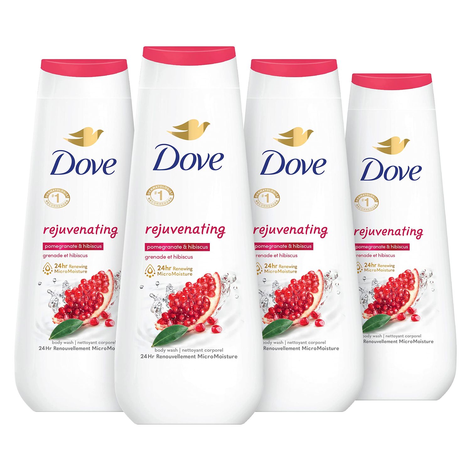 Dove Body Wash Rejuvenating Pomegranate &amp; Hibiscus 4 Count for Renewed, Healthy-Looking Skin Gentle Skin Cleanser with 24hr Renewing MicroMoisture 20 oz