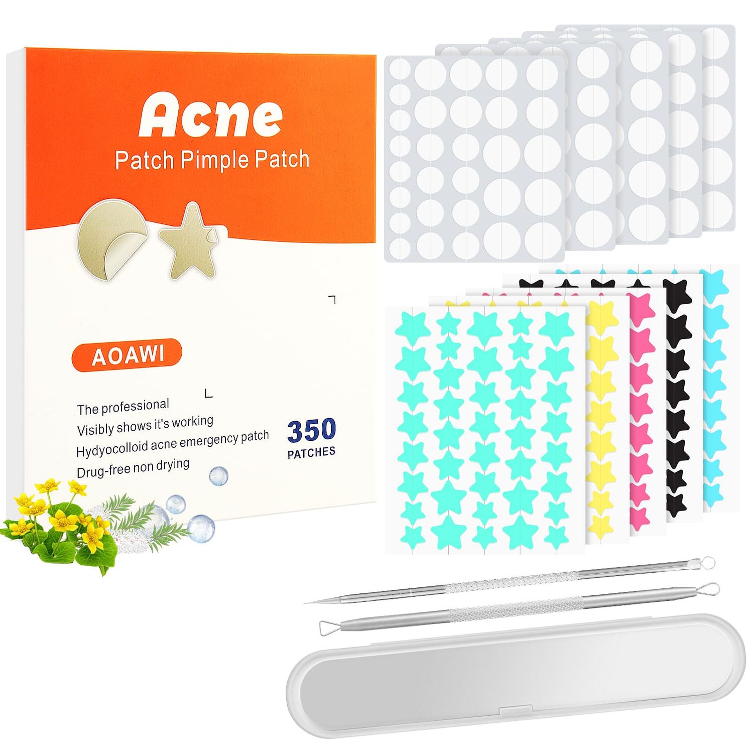 Acne Pimple Hydrocolloid Patche: 350PCS Holiday colour Star and Ultra Thin Clear Stickers for Zits, Pimple, Acne, blackheads with Salicylic Acid, Tea Tree Oil, Centella Asiatica, acne stick set