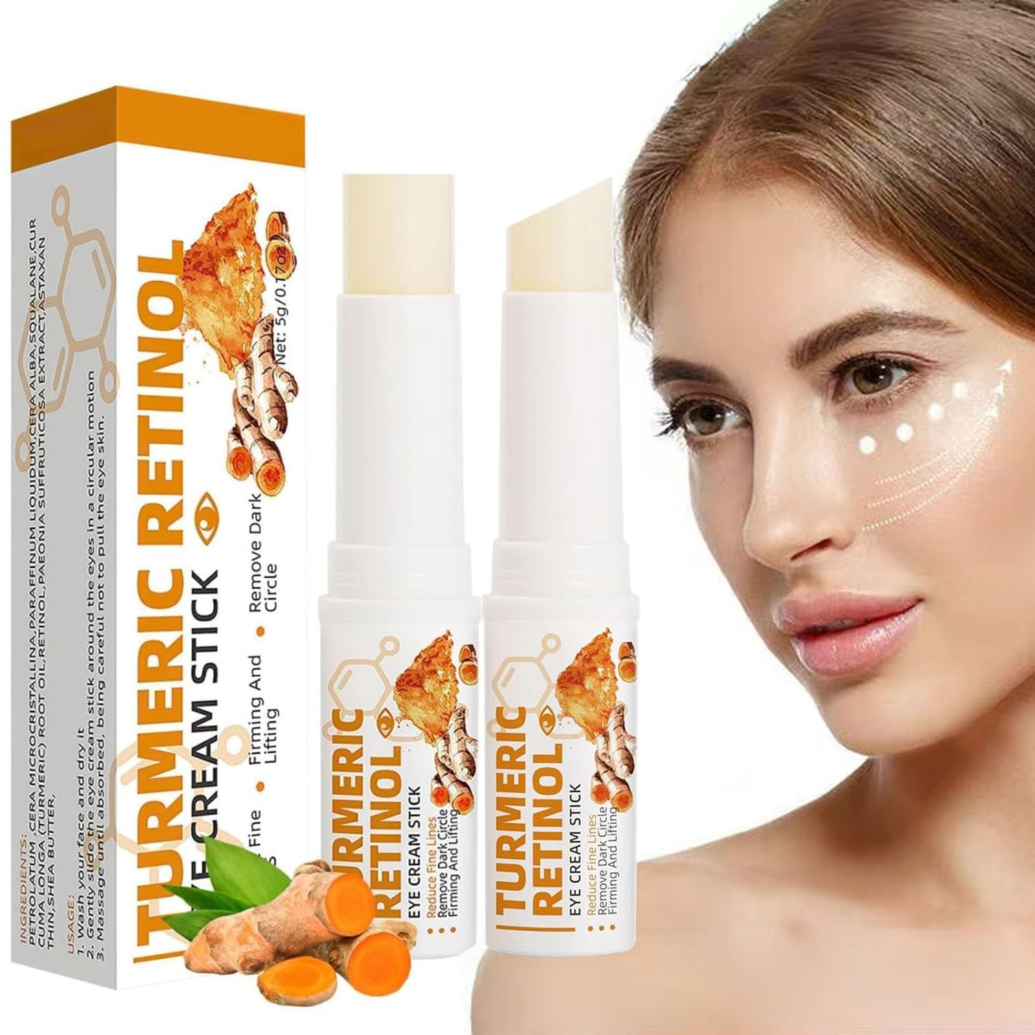 2 PCS Turmeric Retinol Eye Cream Stick, Lumibalm for Under Eye Bags,Eye Balm Stick Hydrating,Turmeric Eye Cream For Puffiness and Bags Reduces Fine Lines