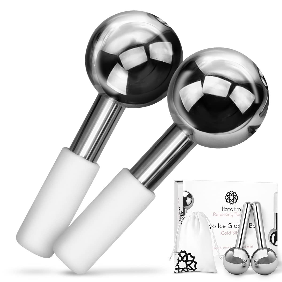 Hana Emi Ice Globes for Face Neck &amp; Eyes, Unbreakable Stainless Steel Gua Sha, Facial Ice Globes for Puffiness, Wrinkles, Dark Circles, Headaches &amp; Collagen Production, Masajeador Facial (Set of 2)