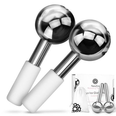 Hana Emi Ice Globes for Face Neck &amp; Eyes, Unbreakable Stainless Steel Gua Sha, Facial Ice Globes for Puffiness, Wrinkles, Dark Circles, Headaches &amp; Collagen Production, Masajeador Facial (Set of 2)