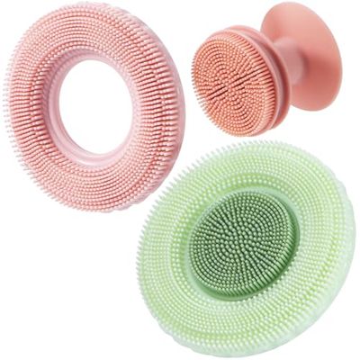 Beomeen Silicone Face Scrubber Exfoliator 2 in 1, Manual Facial Cleansing Brush Face Wash Brush Removable for Deep Cleaning, Blackhead Removal and Massaging Skin Care, 2 Pcs (Green+Pink)