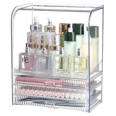Clear Acrylic Makeup Organizer for Vanity With Lid,Large Capacity Bathroom Countertop Organizer and Storage With 3 Drawers,Dustproof Cosmetics Organizer for Cologne Perfume,Beauty,Skincare Container