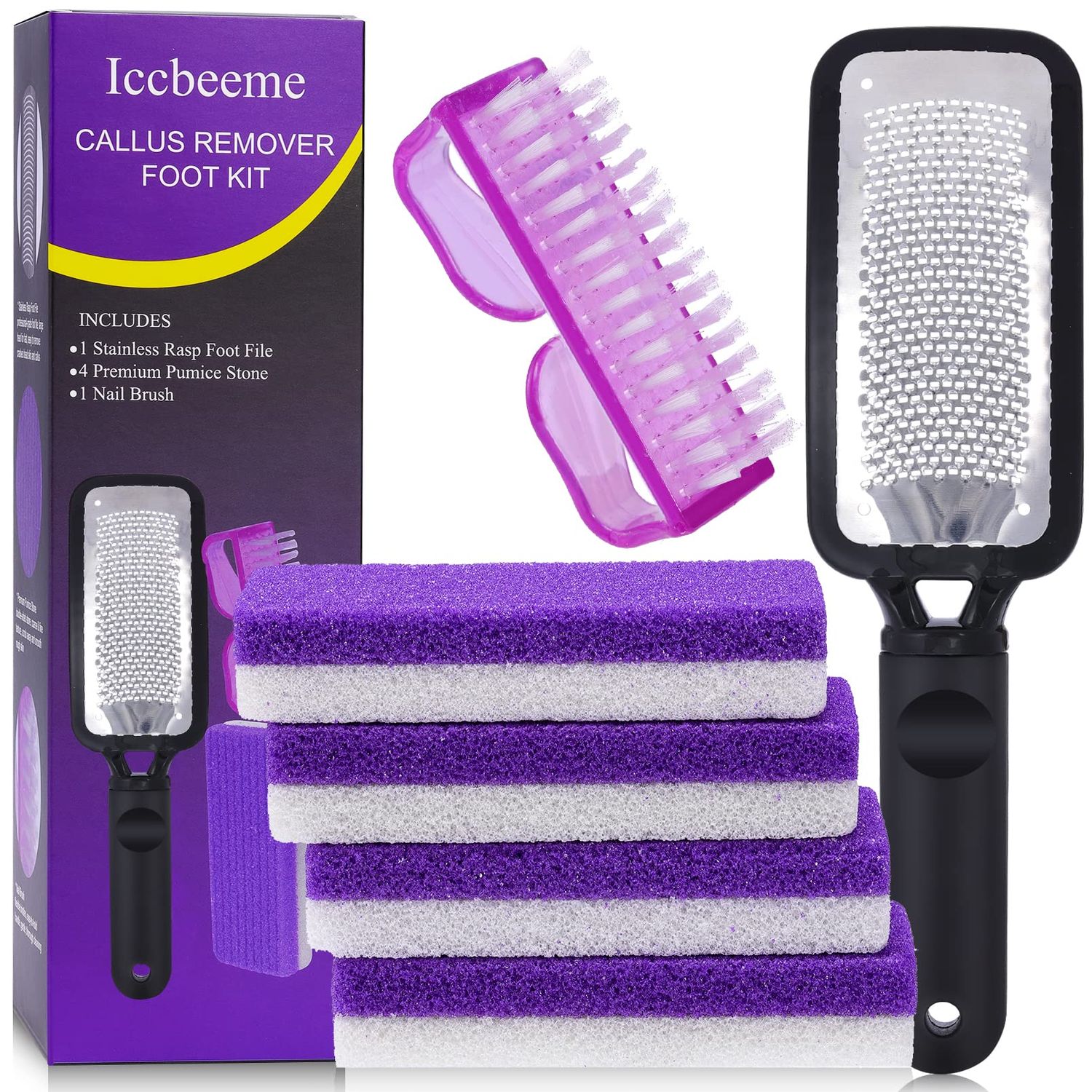 Foot Callus Remover Set,Pedicure Kit Includes 1 Stainless Foot Rasp Foot File,4 Foot Pumice Stone &amp; 1 Nail Brush,Foot Scrubber Remove Hard Dry Skin,Foot Care Pedicure Tools for Wet and Dry Feet,Purple