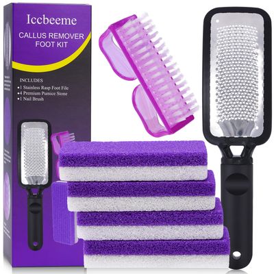 Foot Callus Remover Set,Pedicure Kit Includes 1 Stainless Foot Rasp Foot File,4 Foot Pumice Stone &amp; 1 Nail Brush,Foot Scrubber Remove Hard Dry Skin,Foot Care Pedicure Tools for Wet and Dry Feet,Purple