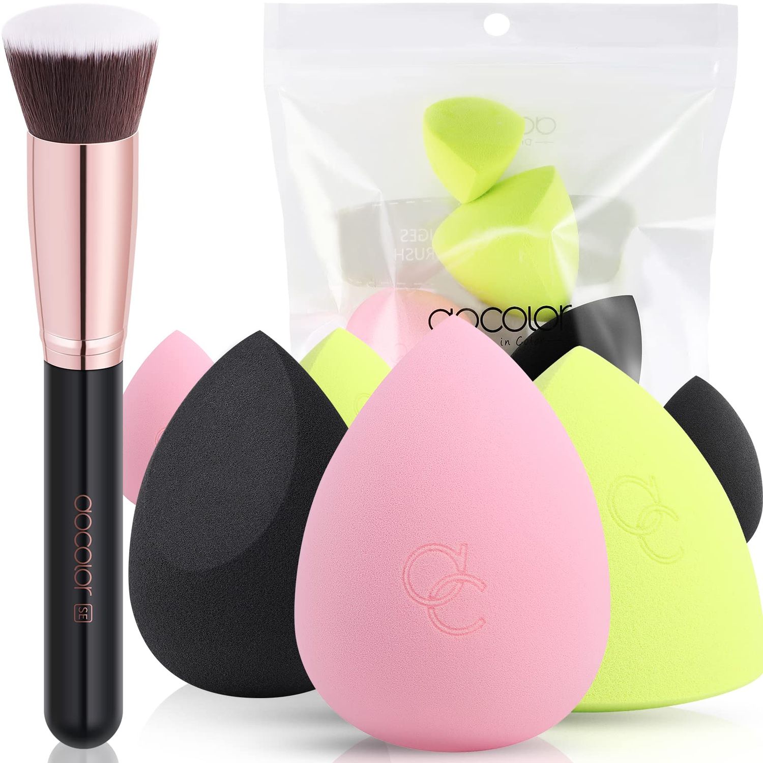 Docolor 6+1Pcs Makeup Sponges with Foundation Brush, Foundation Blending Beauty Sponge &amp; Flat Top Kabuki Brush for Liquid,Cream,and Powder,Buffing,Blending,Full Coverage Foundation