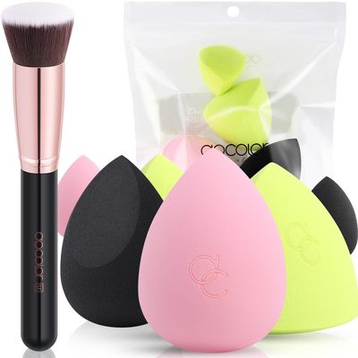 Docolor 6+1Pcs Makeup Sponges with Foundation Brush, Foundation Blending Beauty Sponge &amp; Flat Top Kabuki Brush for Liquid,Cream,and Powder,Buffing,Blending,Full Coverage Foundation