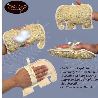 Golden Loof, Large Loofah Body Scrubber Elephant Shape Size 7.5x5.25 (1 Count),Ozone & Infrared Sterilized, Premium Natural Exfoliator Loofah, for Man and Woman.