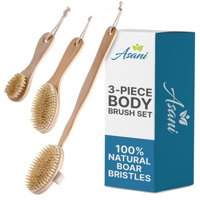 Asani Dry Brushing Body Brush Set for Lymphatic Drainage &amp; Cellulite - 3-Pcs Detachable Back, Contour Body &amp; Face Brushes Organic Gift for Dry Skin, Exfoliation, Invigorating Showers