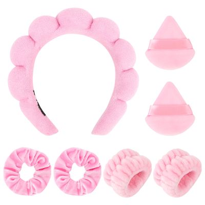 Araluky Spa Headband Set, 7Pcs Puffy Terry Cloth Headband and Wristband for Skincare, Makeup, Yoga, Shower, Spa Party, Sleepover Party, Pink