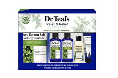 Dr Teal&#39;s Eucalyptus &amp; Spearmint Relax &amp; Relief Full Regimen 5-Piece Gift Set (Epsom Salt Soaking Solution, Foaming Bath, Body Wash, Moisturizing Bath &amp; Body Oil, Body Lotion)