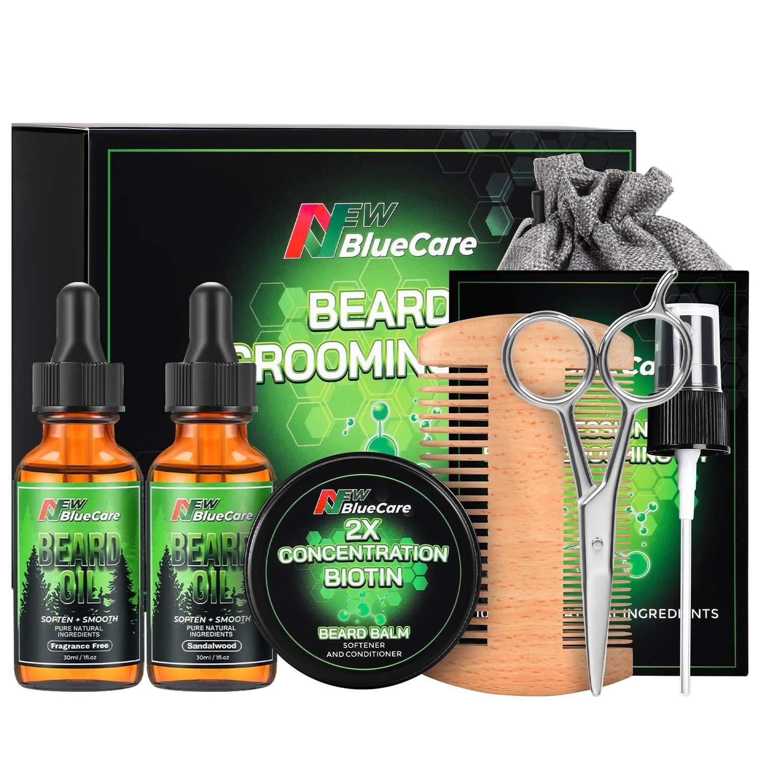 Beard Care Kit - Contains (1) each of Beard Oils (Sandalwood &amp; Unscented), Biotin Beard Growth Balm, Comb and Scissors for Grooming and Trimming - Beard Care Daddy Gifts for Men Him Dad Husband