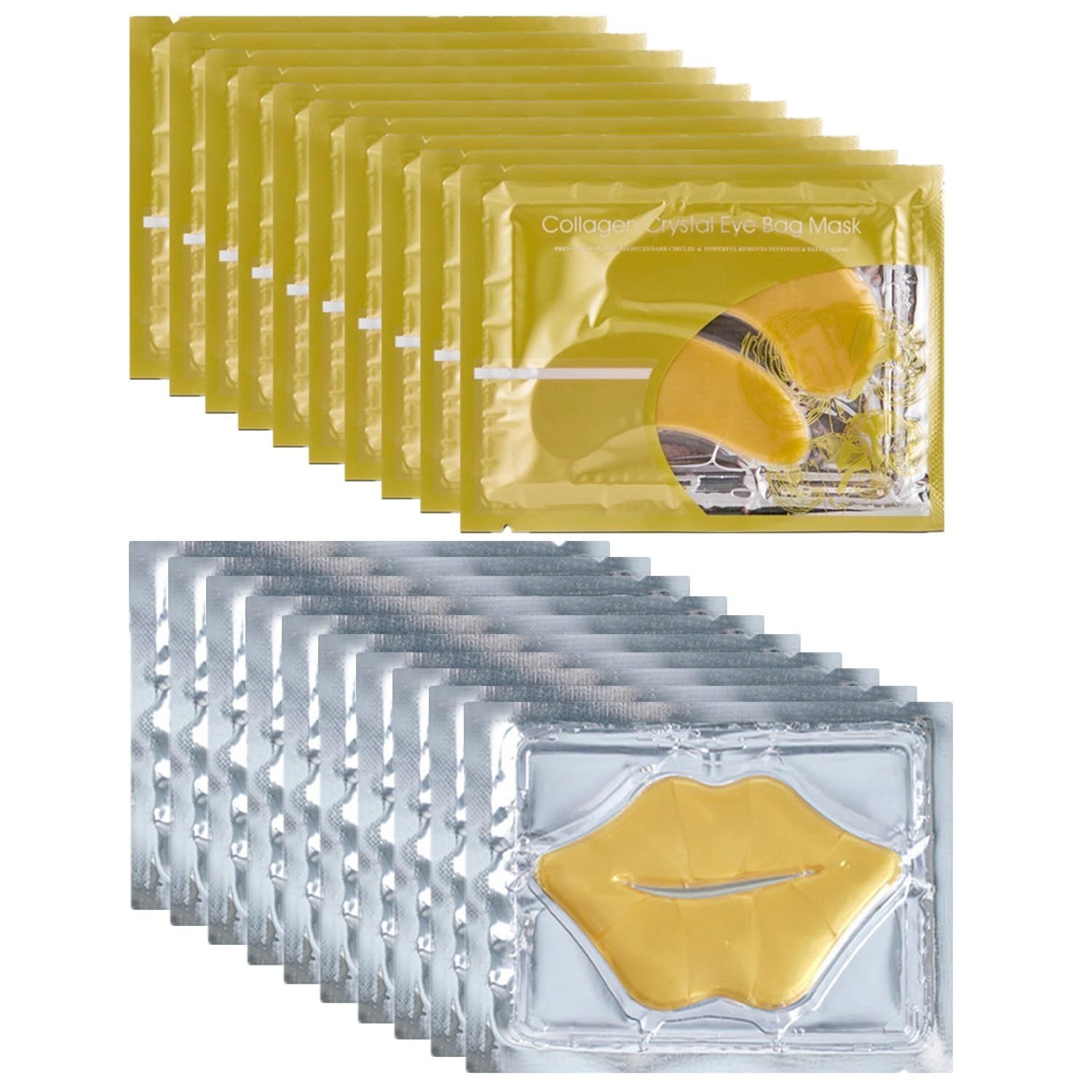 24K Gold Gel Crystal Collagen Eye and Lip Mask Set, 15 Pairs Gold Eye Mask &amp; 15 Pcs Gold Lip Mask for Moisturizing, Collagen Under Eye Mask for Dark Circles Puffiness and Wrinkles