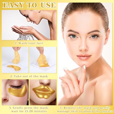 24K Gold Gel Crystal Collagen Eye and Lip Mask Set, 15 Pairs Gold Eye Mask &amp; 15 Pcs Gold Lip Mask for Moisturizing, Collagen Under Eye Mask for Dark Circles Puffiness and Wrinkles