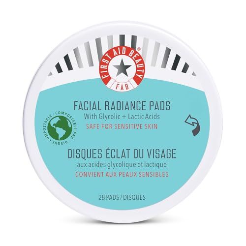 First Aid Beauty - Facial Radiance Pads with Gycloic &amp; Lactic Acids - Daily Exfoliating Pads with AHA that Help Tone &amp; Brighten Skin - Makeup Prep Pads - Compostable for Daily Use - 28 Pads