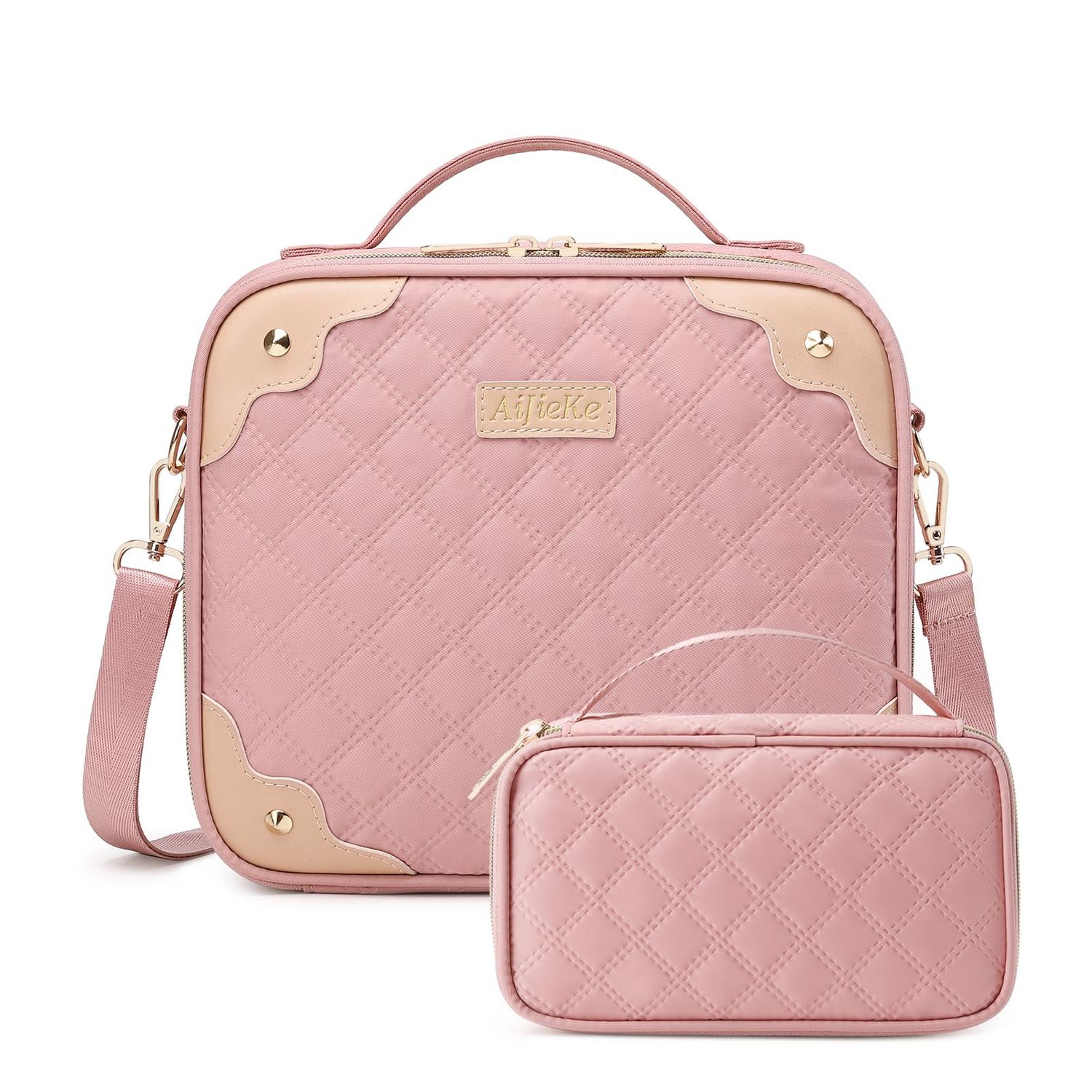 AIJIEKE Travel Makeup Bag, Cosmetic Bag with Small Make Up Organizer Case, Large Makeup Pouch for Women Purse for Cosmetics Accessories Brushes Skincare, Pink