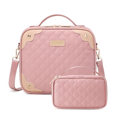 AIJIEKE Travel Makeup Bag, Cosmetic Bag with Small Make Up Organizer Case, Large Makeup Pouch for Women Purse for Cosmetics Accessories Brushes Skincare, Pink