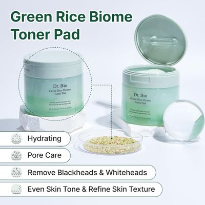 Dr.Bio Green Rice Biome Toner Pad with Probiotic, Removes Dead Skin Cells & Blackheads & Whiteheads, Radiant Skin, Vegan, Dual-Sided Pad for Sensitive Skin, Fragrance-Free, Korean Skin Care (60 Pads)