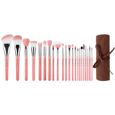 Bdellium Tools Professional Makeup Brush Pink Bambu Series - Deluxe 22pc. Brush Set with Roll-Up Pouch