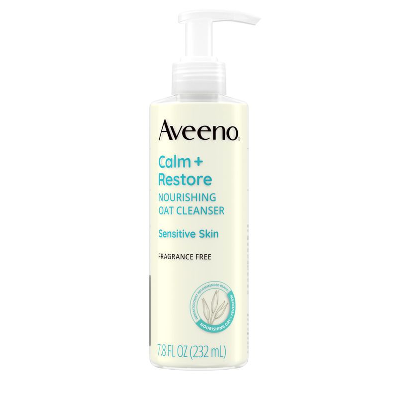 Aveeno Calm + Restore Facial Cleanser for Sensitive Skin, Hydrating Gentle Milky Face Cleanser with Nourishing Oat and Feverfew, Hypoallergenic Formula, Fragrance Free, 7.8 FL OZ