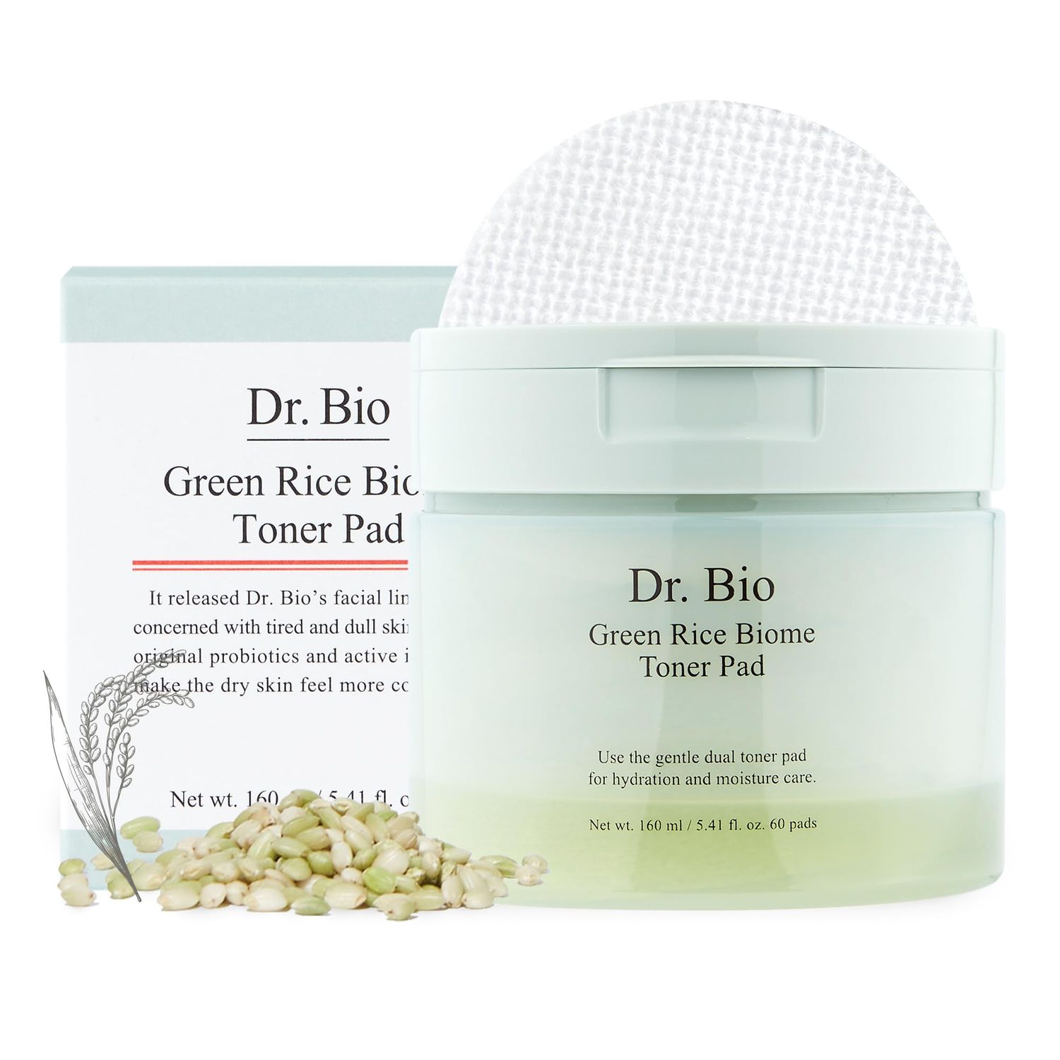 Dr.Bio Green Rice Biome Toner Pad with Probiotic, Removes Dead Skin Cells &amp; Blackheads &amp; Whiteheads, Radiant Skin, Vegan, Dual-Sided Pad for Sensitive Skin, Fragrance-Free, Korean Skin Care (60 Pads)