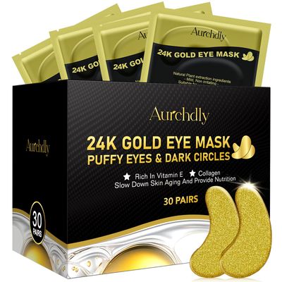 Aurchdly Under Eye Patches(24K Gold 30 Pairs), Gel Eye Mask for Reduce Dark Circles, Puffy Eyes,Undereye Bags, Wrinkles,-with Hyaluronic Acid &amp; Collagen,Eye Treatment Skin Care for Men &amp; Women Gift