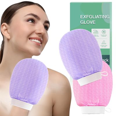 2 Pack Exfoliating Glove Mitt - Double-Sided for Radiant, Smooth Skin - Gently Removes Dead Skin &amp; Enhances Circulation - Reusable and Long-Lasting Design(Pink Purple)