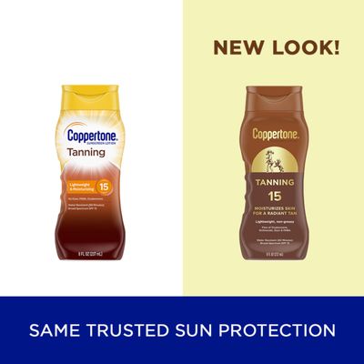 Coppertone Tanning Sunscreen Lotion, Water Resistant Body Sunscreen SPF 15, Broad Spectrum SPF 15 Sunscreen, 8 Fl Oz Bottle (Pack of 12)