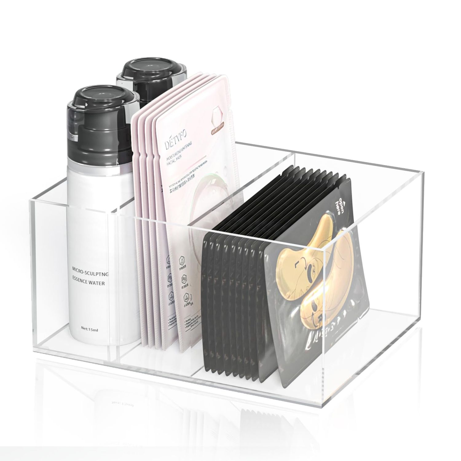 Acrylic Face Mask Holder for Sheet Masks with Adjustable Dividers, Multifunctional under Eye Patches Organizer, Mask Display Stand for Skincare Storage, Makeup and Vanity Storage (Masks Not Included)