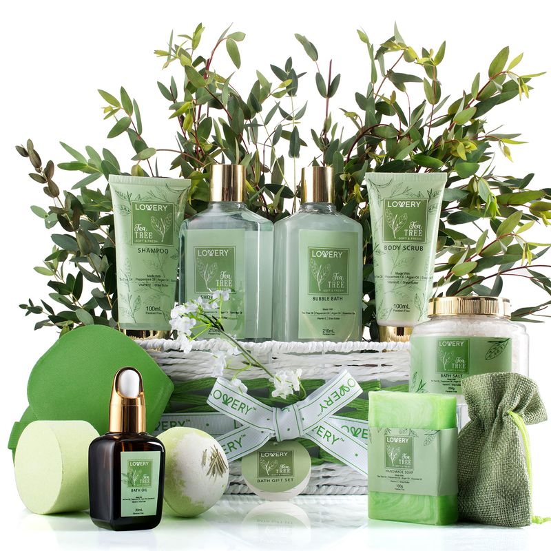 Christmas Tea Tree Bath Set - Luxury Home Spa Set with Calming Mint Fragrance - 15 pc Relaxation Gift Basket, Tea Tree Bath Oil,Shower Gel, Bubble Bath, Handmade Soap, Steamer Tablet, Potpourri &amp; More