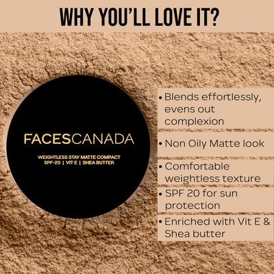 FACESCANADA Weightless Matte Finish Compact Powder - Natural | Non Oily Pressed Powder | Easy Blendable &amp; Lightweight | Sun Protection with Vitamin E | 0.32 Oz/9g