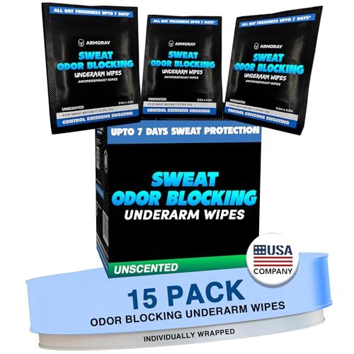 Armoray Dry At Last Underarm Deodorant Wipes Individually Wrapped - Anti Perspirant &amp; Anti Sweat Wipes for Hyperhidrosis Treatment - Armpit Sweat Blocker - Deodorant Wipes for Women &amp; Men, 15 Count