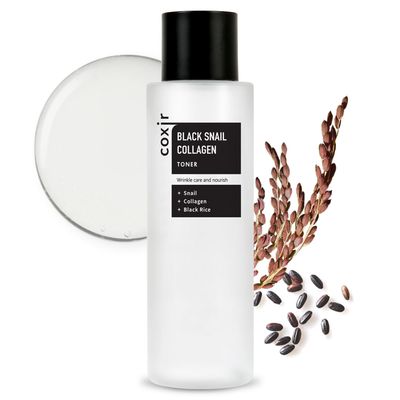 coxir Black Snail Collagen Toner l Essence Toner for Pluming, Moisturizing l Black-3-Complex: Black Rice, Bean, Sesame, Snail Mucin, Collagen l Korean Skin Care, Fragrance-Free [150ml /5.07 fl.oz]