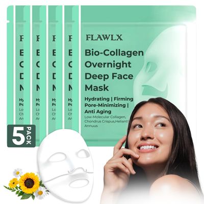 Flawlx Bio-Collagen Real Deep Hydrating Face Mask | Pore Minimizing | Elasticity Boosting | Biocollagen Face Mask, With Natural Ingredients | Overnight Hydrogel Mask 45g (5-Pack)