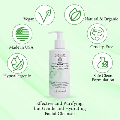 Florencia Botanical Marine Gentle Cleanser - Non-Foaming, Soap-Free, Hydrating Oil-Free Face Wash for Dry to Normal Skin - With Marine Algae &amp; Organic Botanicals - Sensitive Skin, 6 oz