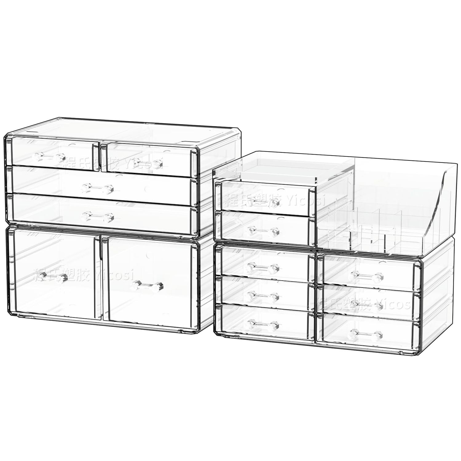 Cq acrylic Make Up Organizers for Vanity With 14 Drawers, 4 Pack Clear Drawer Organizers,Plastic Cute Desk Accessories Organization and Bathroom Organizers Storage Case Box Cube for Beauty,Skin Care