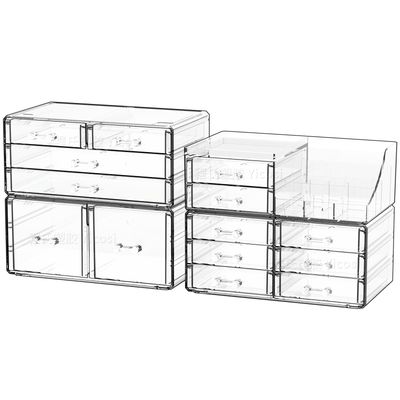 Cq acrylic Make Up Organizers for Vanity With 14 Drawers, 4 Pack Clear Drawer Organizers,Plastic Cute Desk Accessories Organization and Bathroom Organizers Storage Case Box Cube for Beauty,Skin Care