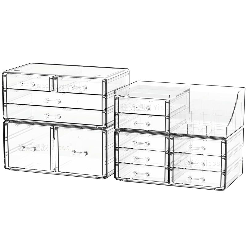 Cq acrylic Make Up Organizers for Vanity With 14 Drawers, 4 Pack Clear Drawer Organizers,Plastic Cute Desk Accessories Organization and Bathroom Organizers Storage Case Box Cube for Beauty,Skin Care