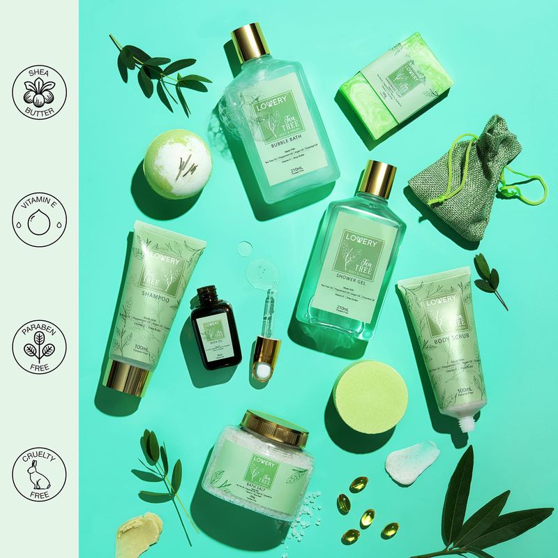 Christmas Tea Tree Bath Set - Luxury Home Spa Set with Calming Mint Fragrance - 15 pc Relaxation Gift Basket, Tea Tree Bath Oil,Shower Gel, Bubble Bath, Handmade Soap, Steamer Tablet, Potpourri &amp; More