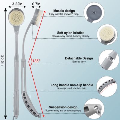 Back Brush Long Handle for Shower, 20.5 Back Bath Brush for Shower, Back Scrubber, Exfoliation and Improved Skin Health for Elderly with Limited Arm Movement, Disabled, Pregnant Women