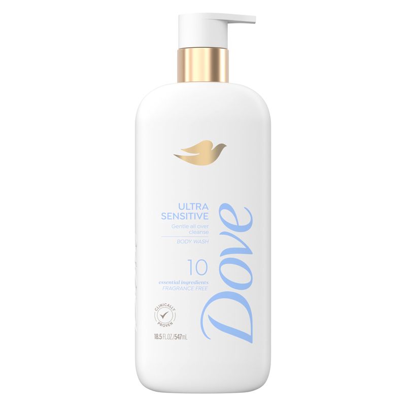 Dove Fragrance Free Body Wash Ultra Sensitive Gentle all-over cleanse 10 essential ingredients 18.5 oz