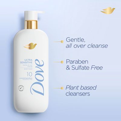 Dove Fragrance Free Body Wash Ultra Sensitive Gentle all-over cleanse 10 essential ingredients 18.5 oz