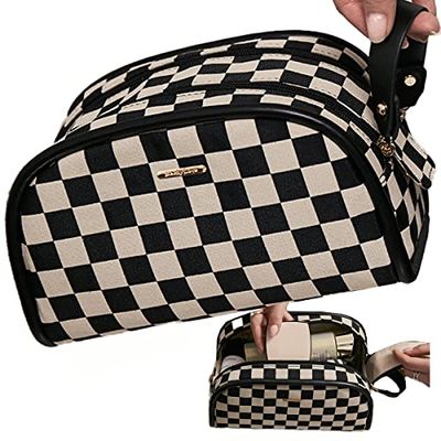 cirea Vintage Black Double Zippers Checkered Large Capacity Cosmetic Bag with Compartments Skincare Bag for Women Makeup Bag (Black)