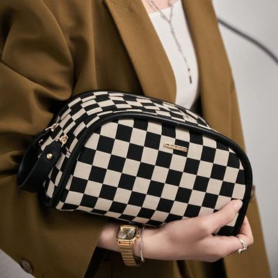 cirea Vintage Black Double Zippers Checkered Large Capacity Cosmetic Bag with Compartments Skincare Bag for Women Makeup Bag (Black)