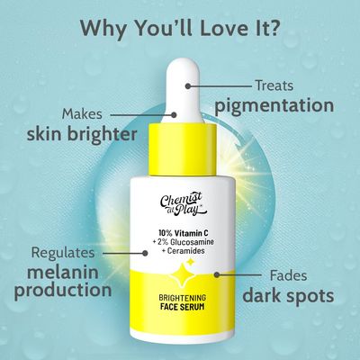 Chemist At Play 10% Vitamin C Face Serum |Brightens & Gives Glow |Fades Dark Spots |Treats Hyperpigmentation| Balances Melanin Production | Ethyl Ascorbic Acid & Glucosamine | For All Skin Types 30ml