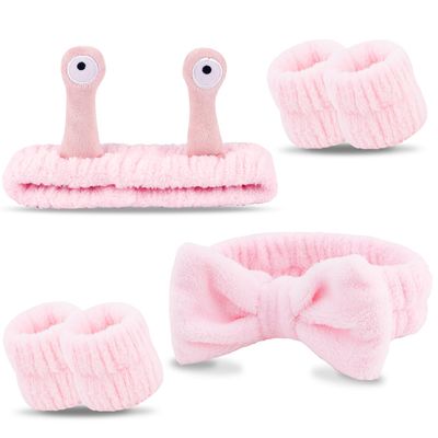 Atoden Spa Headband and Wristband Set Skincare Headband Makeup Headband Bowknot Snail Headbands Wrist Bands for Washing Face Cute Animal Face Wash Headband for Women Girls (Pink)