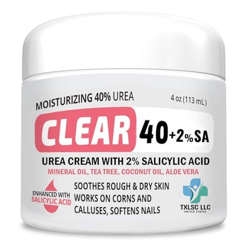 CLEAR Urea Cream 40 Percent Plus 2% Salicylic Acid (4oz) Made in USA | Urea Foot &amp; Hand Cream Softens Cracked Heels &amp; Dry Skin with Tea Tree &amp; Coconut Oil - Callus &amp; Corn Treatment